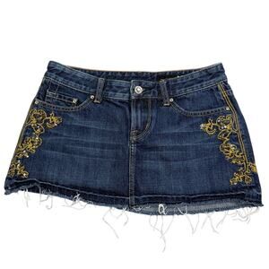 Express X2 Denim Mini Skirt Gold Embroidered Womens Size 2 Y2K